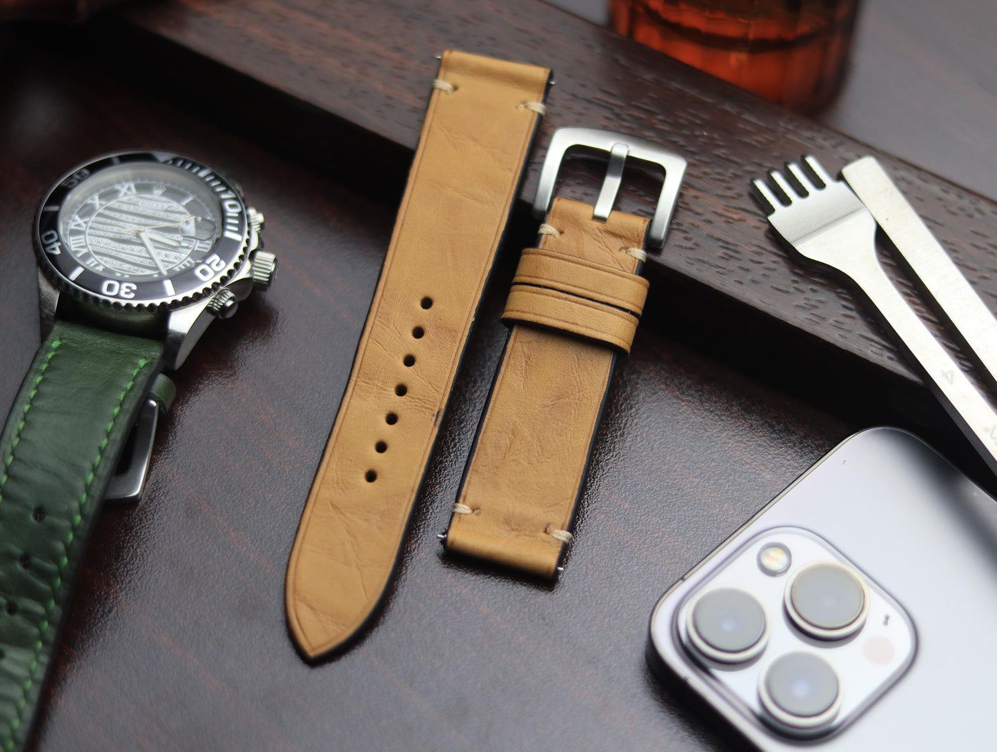PREMIUM LEATHER STRAP WARM BEIGH MINIMAL STITCHED (BEIGH)
