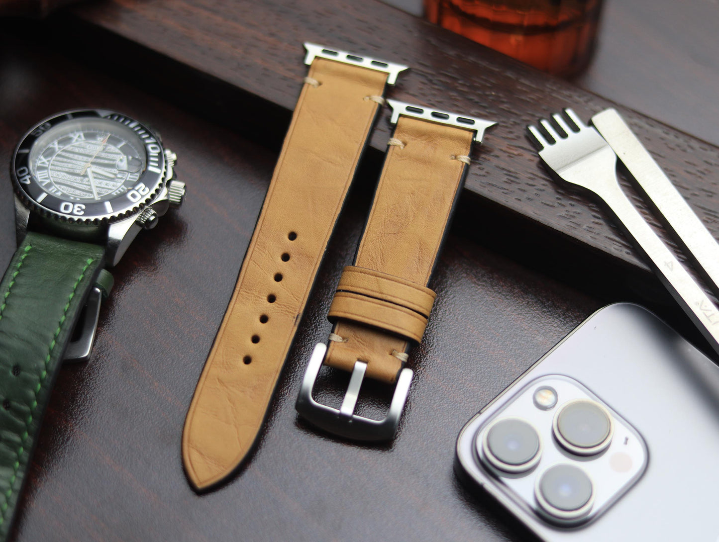PREMIUM LEATHER STRAP WARM BEIGH MINIMAL STITCHED (BEIGH)