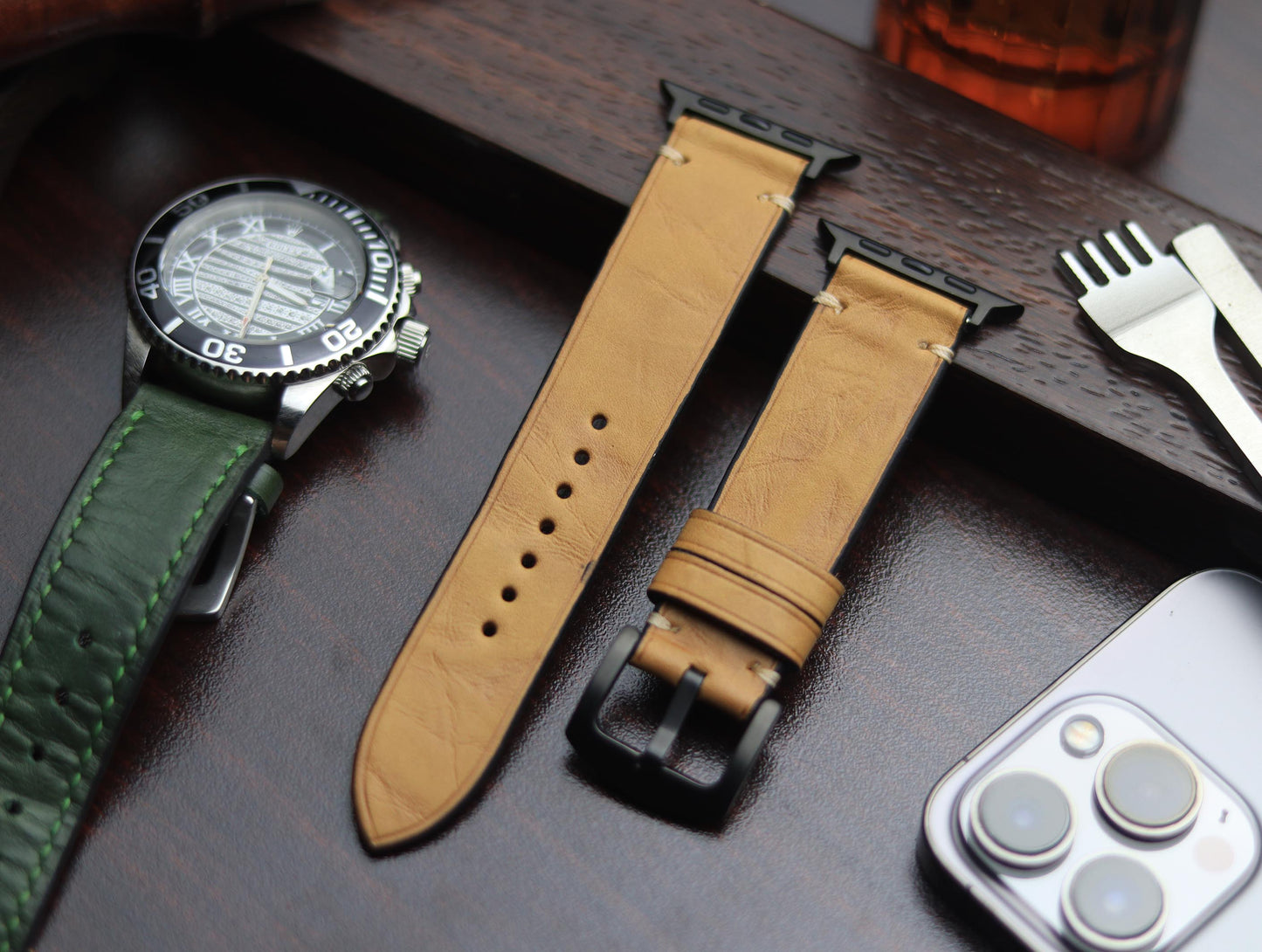 PREMIUM LEATHER STRAP WARM BEIGH MINIMAL STITCHED (BEIGH)