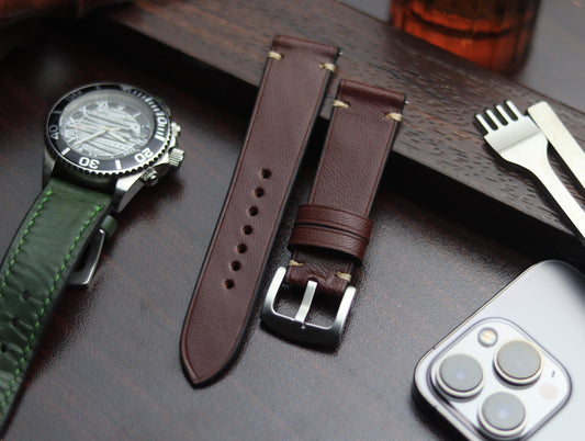 PREMIUM LEATHER STRAP BURNT OAK - MINIMAL STITCHED (BEIGH)
