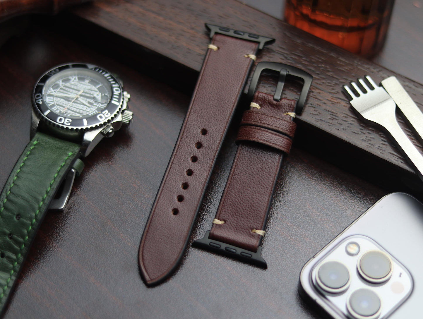 PREMIUM LEATHER STRAP BURNT OAK - MINIMAL STITCHED (BEIGH)