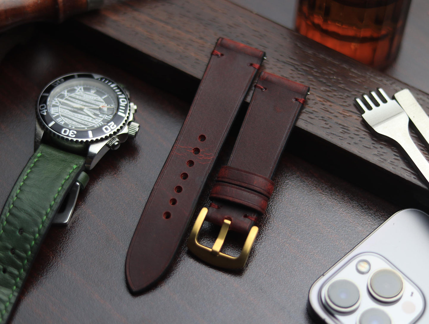 PREMIUM LEATHER STRAP MERLOT RED - MINIMAL STITCHED (RED)