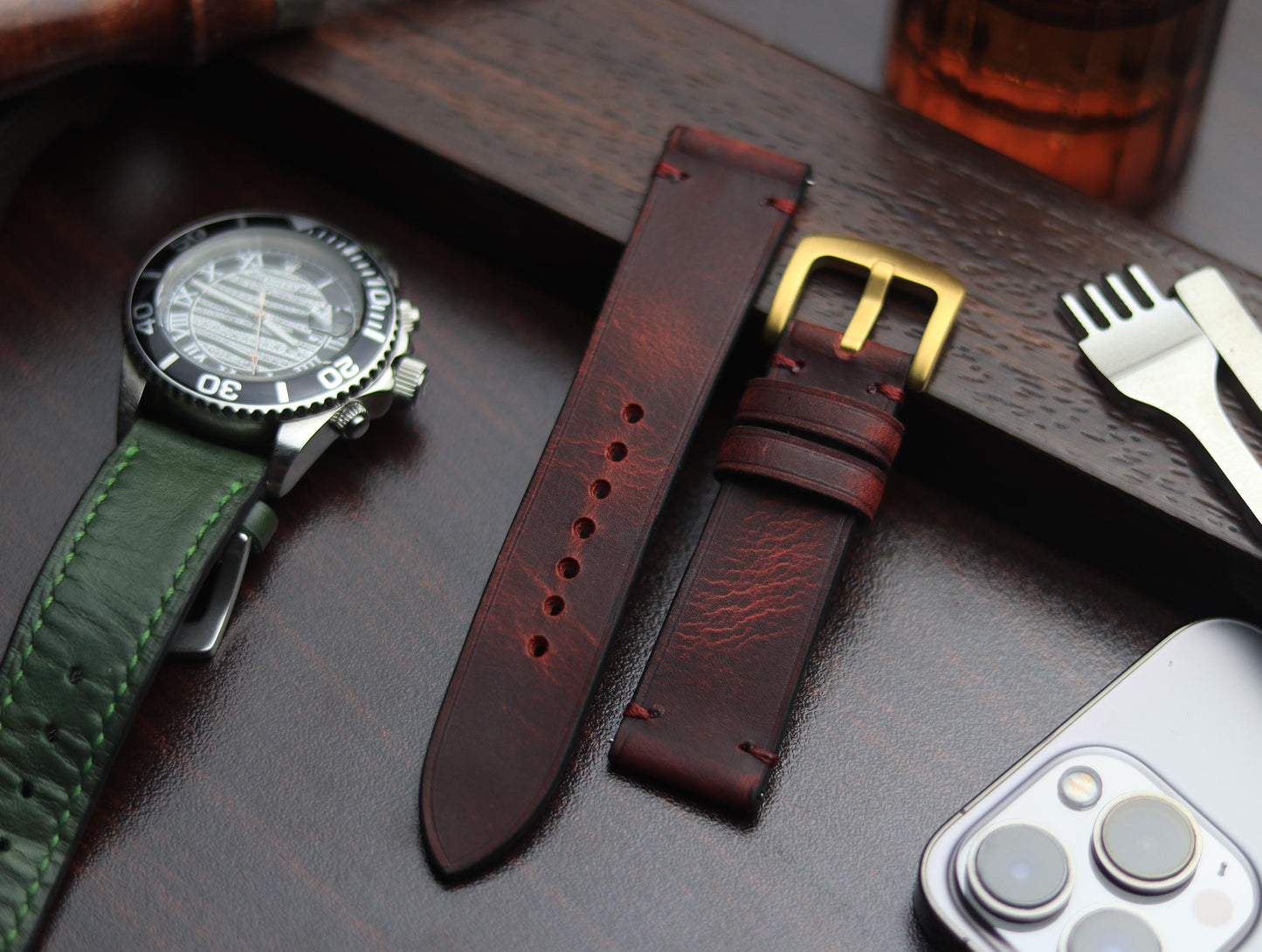 PREMIUM LEATHER STRAP MERLOT RED - MINIMAL STITCHED (RED)