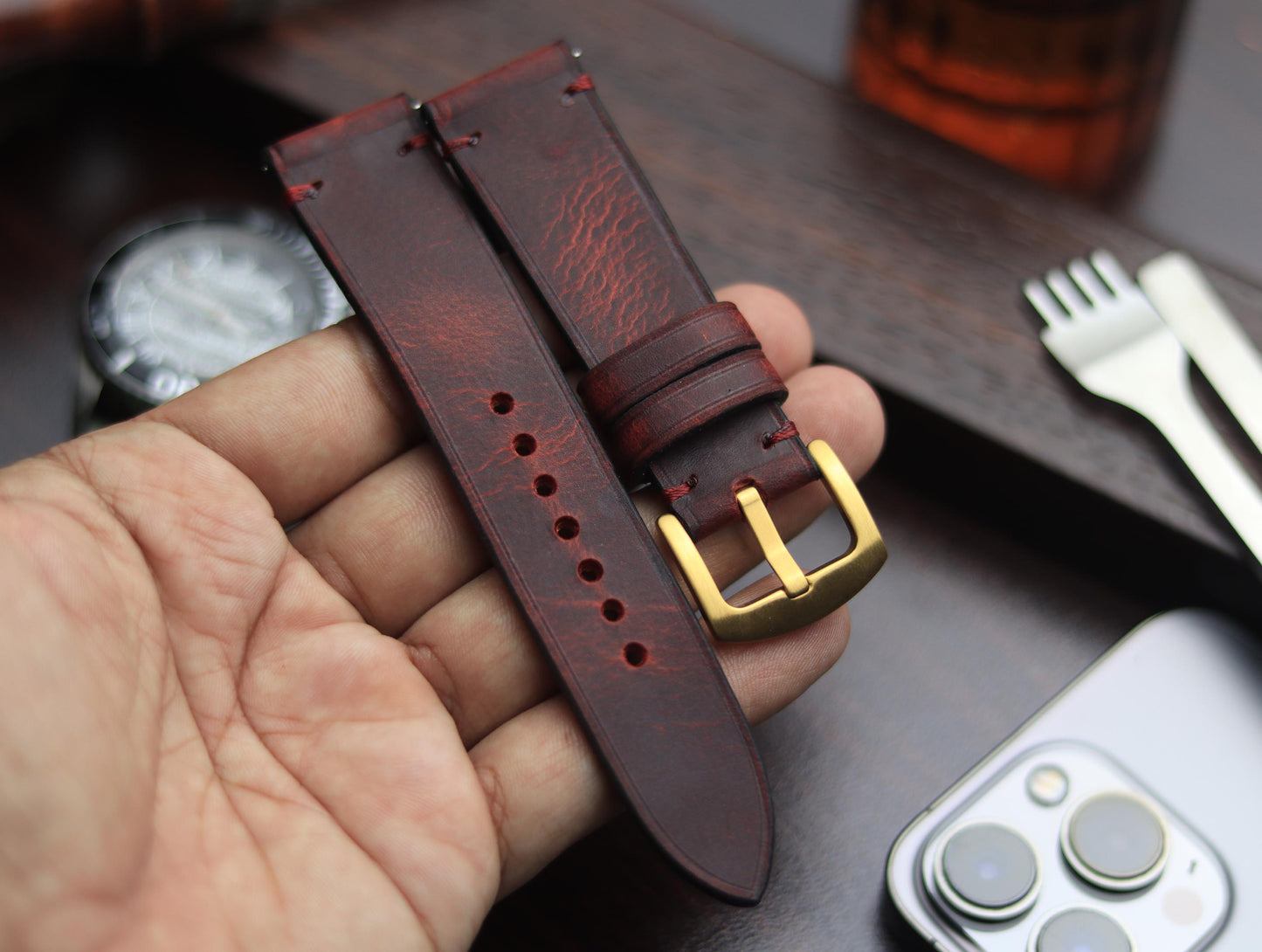 PREMIUM LEATHER STRAP MERLOT RED - MINIMAL STITCHED (RED)