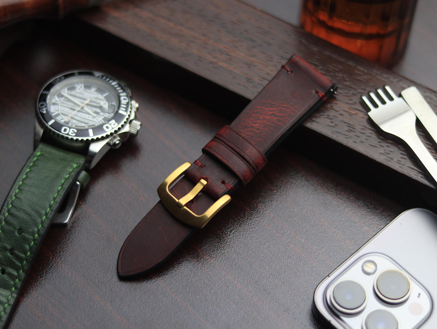 PREMIUM LEATHER STRAP MERLOT RED - MINIMAL STITCHED (RED)