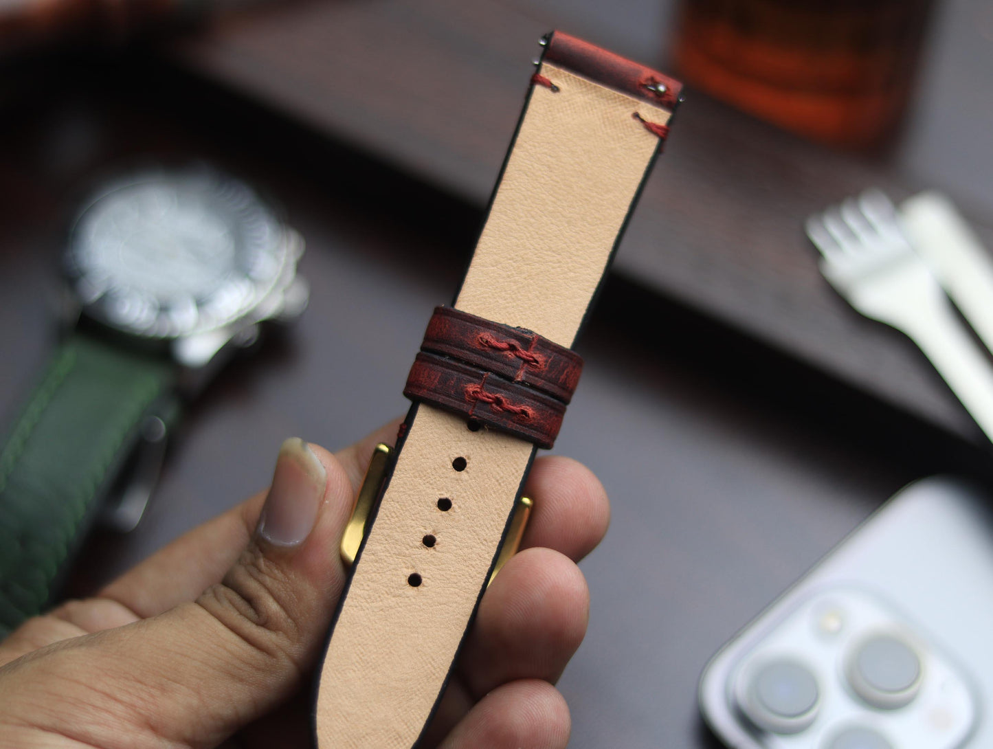 PREMIUM LEATHER STRAP MERLOT RED - MINIMAL STITCHED (RED)