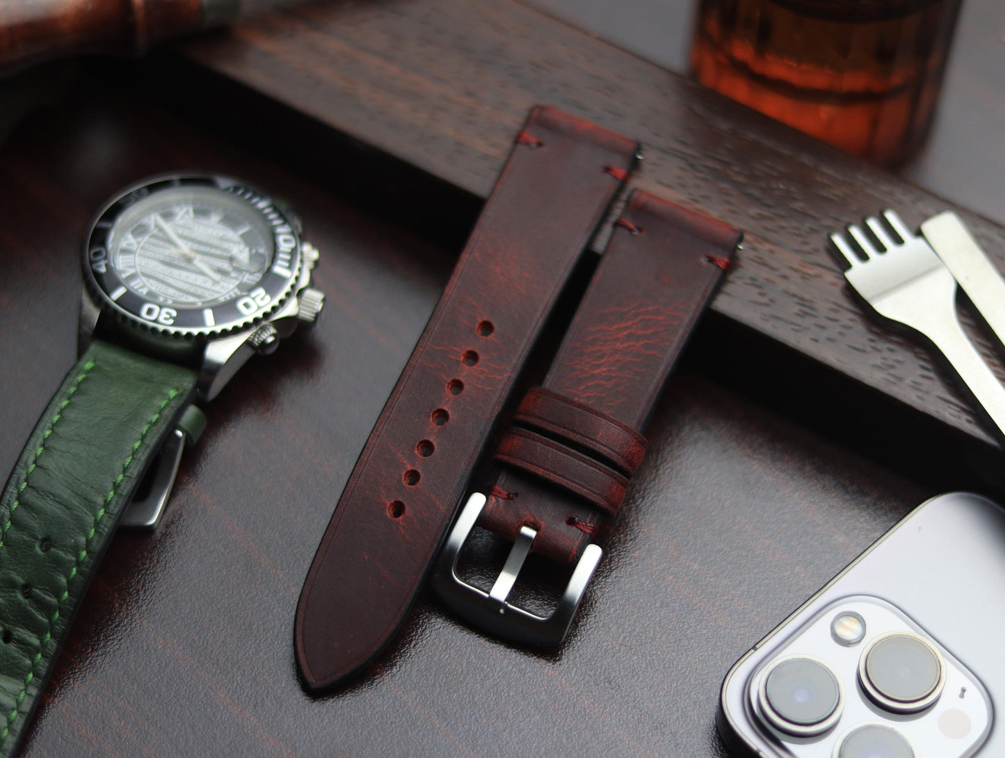 PREMIUM LEATHER STRAP MERLOT RED - MINIMAL STITCHED (RED)