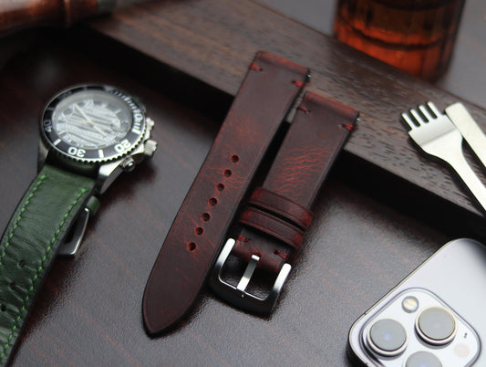 PREMIUM LEATHER STRAP MERLOT RED - MINIMAL STITCHED (RED)