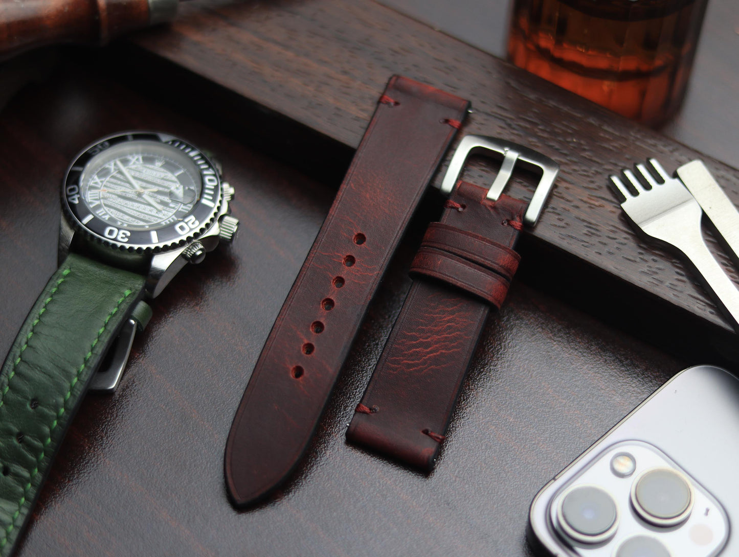 PREMIUM LEATHER STRAP MERLOT RED - MINIMAL STITCHED (RED)