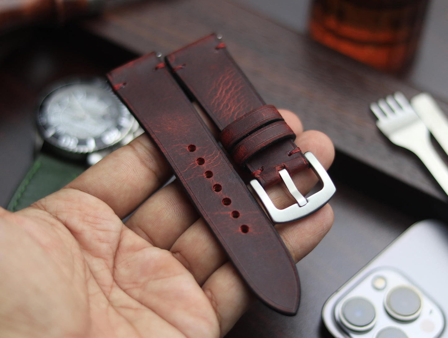 PREMIUM LEATHER STRAP MERLOT RED - MINIMAL STITCHED (RED)
