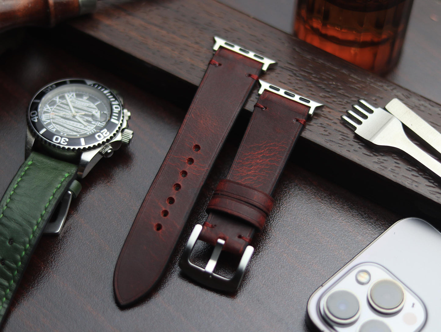 PREMIUM LEATHER STRAP MERLOT RED - MINIMAL STITCHED (RED)