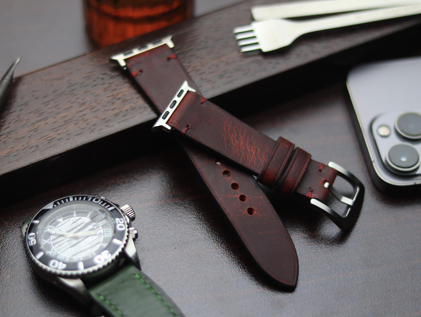 PREMIUM LEATHER STRAP MERLOT RED - MINIMAL STITCHED (RED)