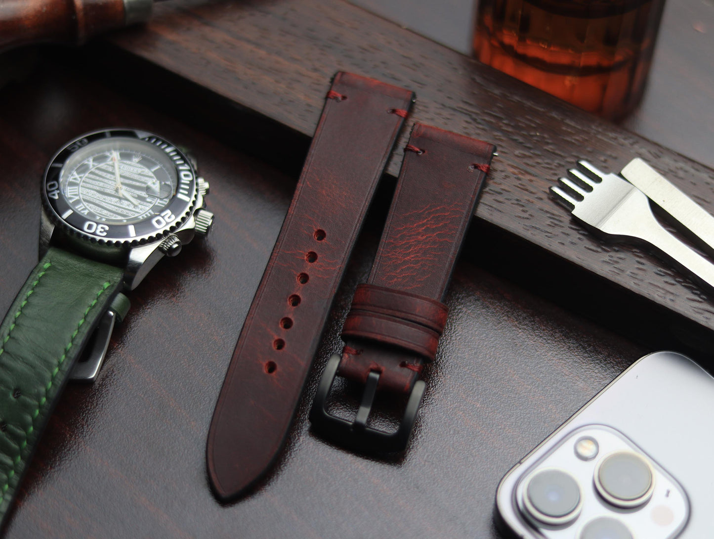 PREMIUM LEATHER STRAP MERLOT RED - MINIMAL STITCHED (RED)