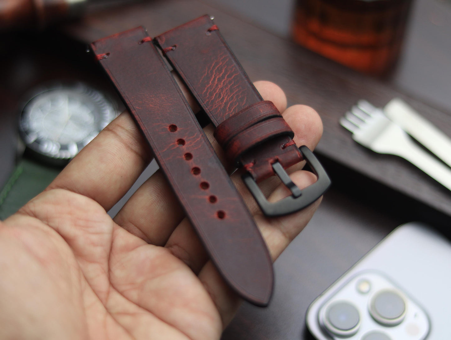 PREMIUM LEATHER STRAP MERLOT RED - MINIMAL STITCHED (RED)