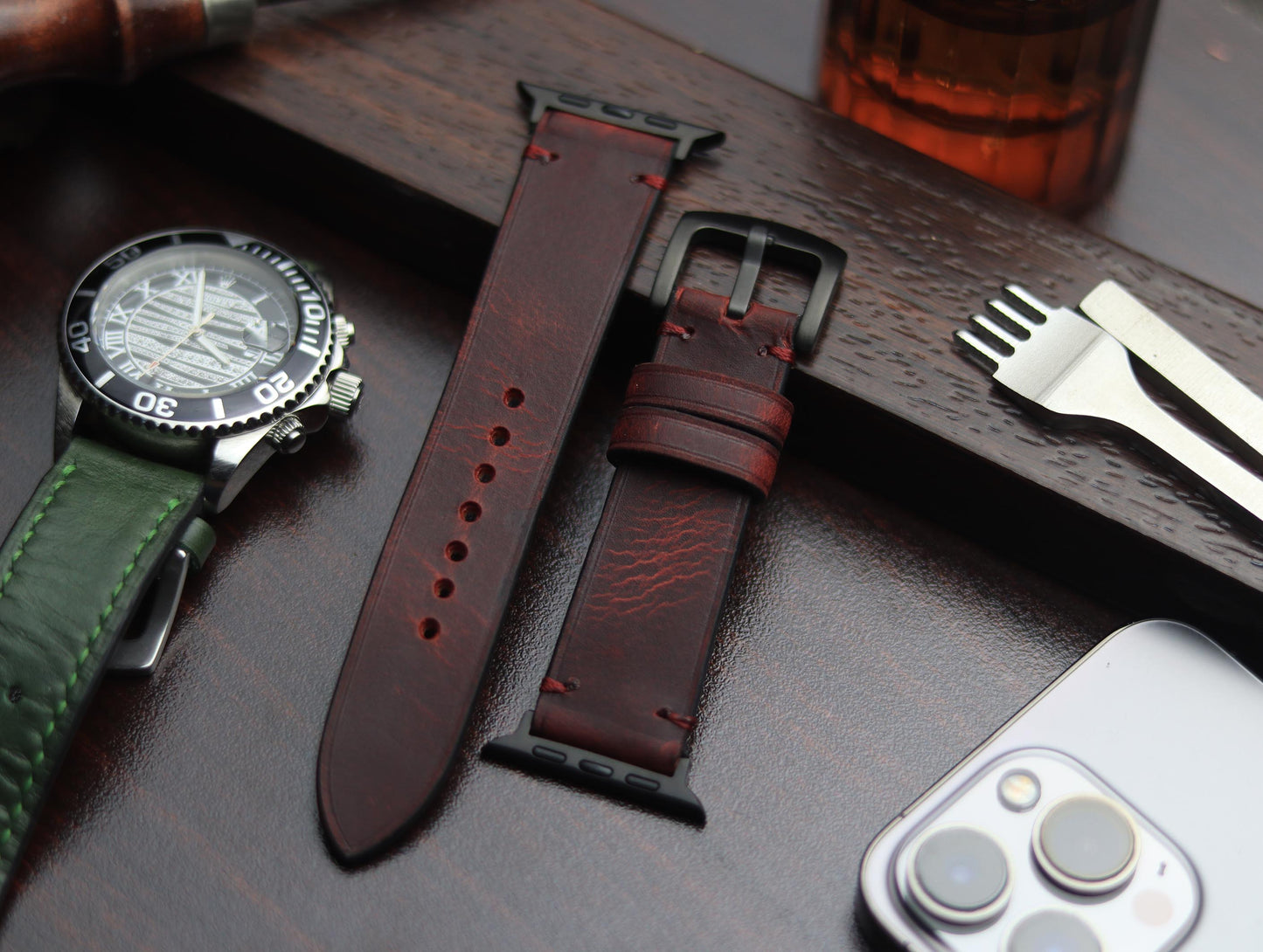 PREMIUM LEATHER STRAP MERLOT RED - MINIMAL STITCHED (RED)