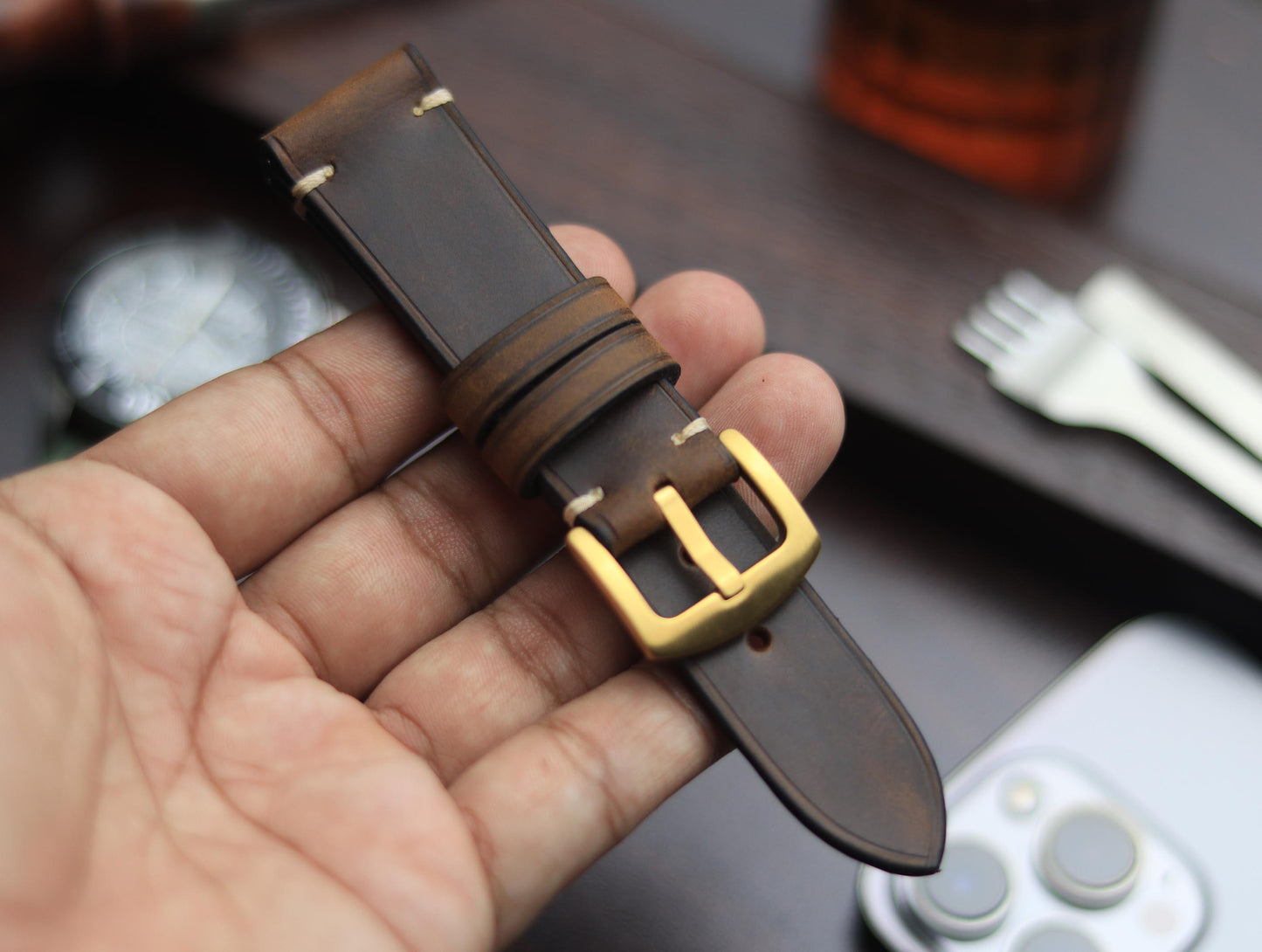 PREMIUM LEATHER STRAP ECLIPSE BROWN - MINIMAL STITCHED (BEIGH)