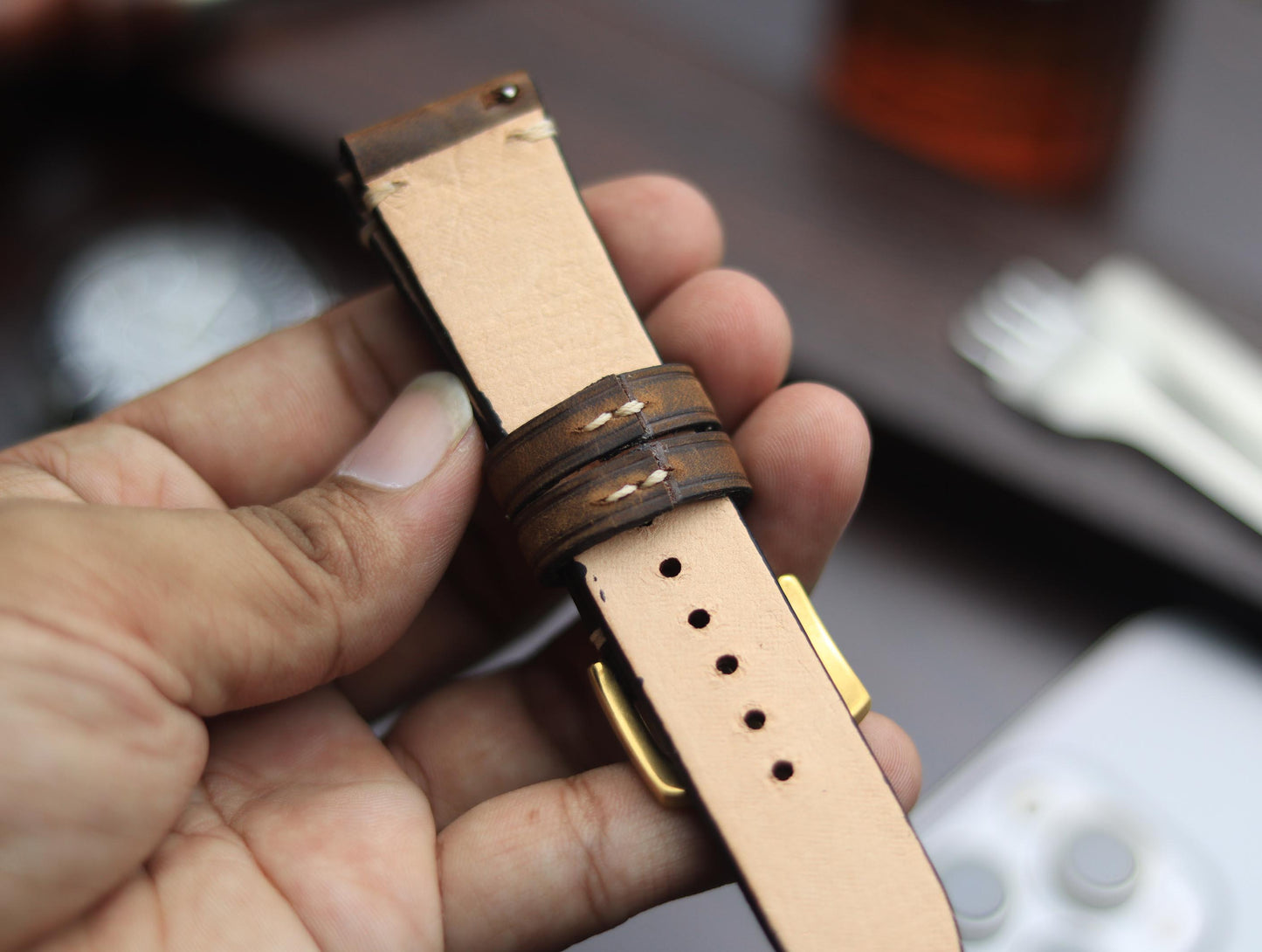 PREMIUM LEATHER STRAP ECLIPSE BROWN - MINIMAL STITCHED (BEIGH)