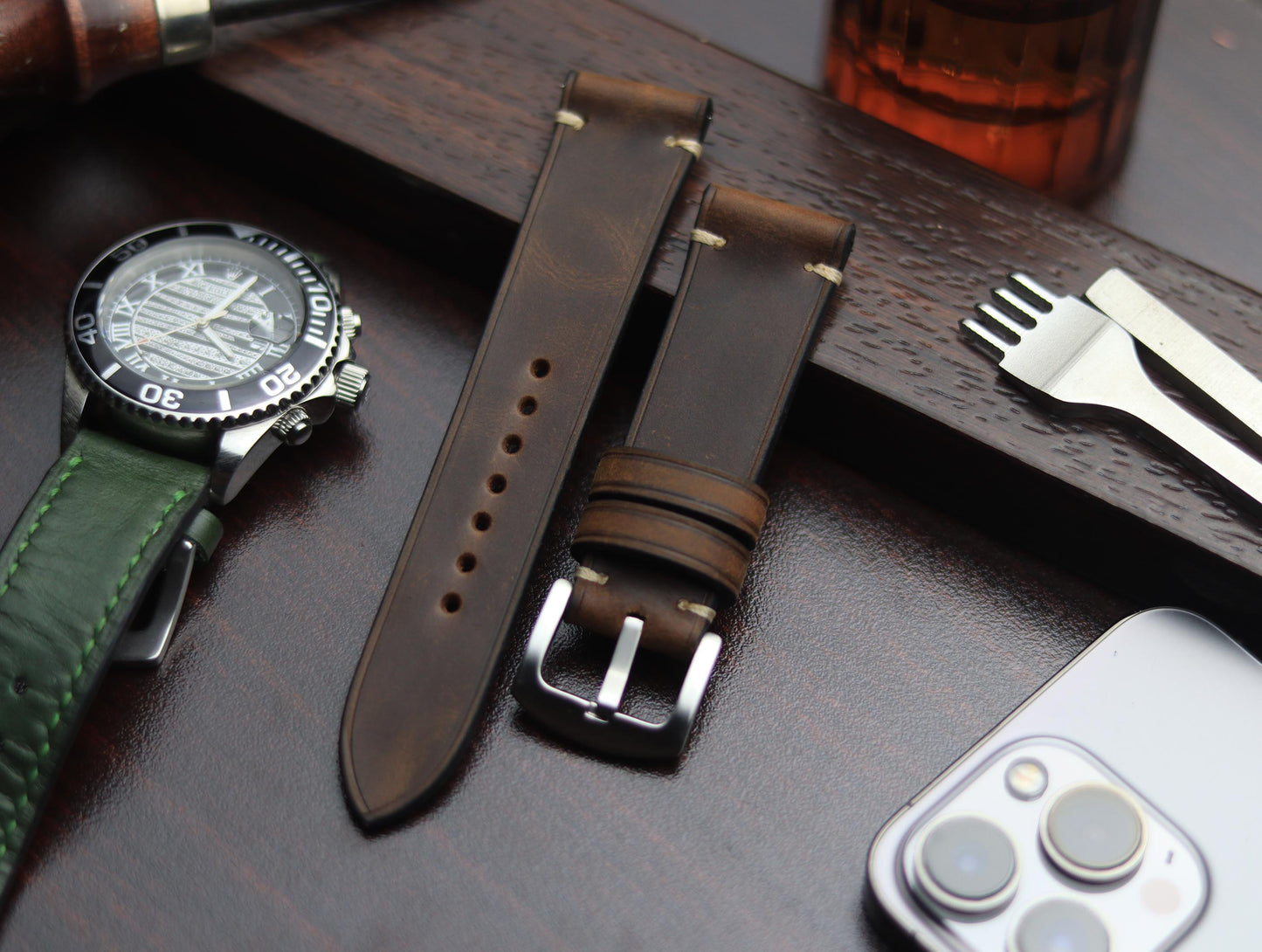 PREMIUM LEATHER STRAP ECLIPSE BROWN - MINIMAL STITCHED (BEIGH)