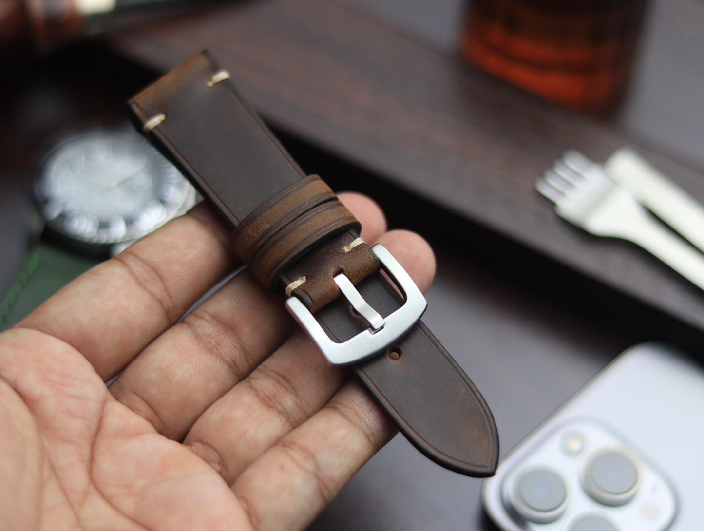 PREMIUM LEATHER STRAP ECLIPSE BROWN - MINIMAL STITCHED (BEIGH)