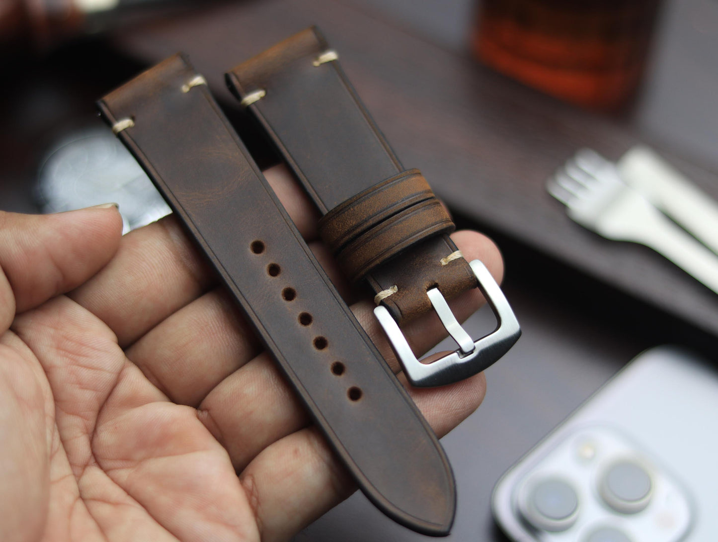 PREMIUM LEATHER STRAP ECLIPSE BROWN - MINIMAL STITCHED (BEIGH)