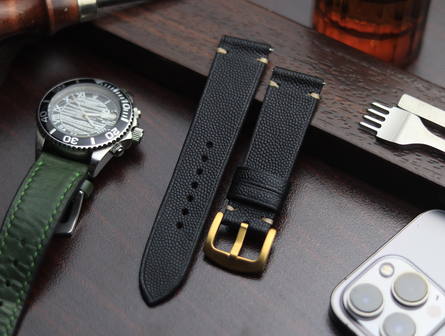 PREMIUM LEATHER STRAP SPIDER BLACK - MINIMAL STITCHED (BEIGH)