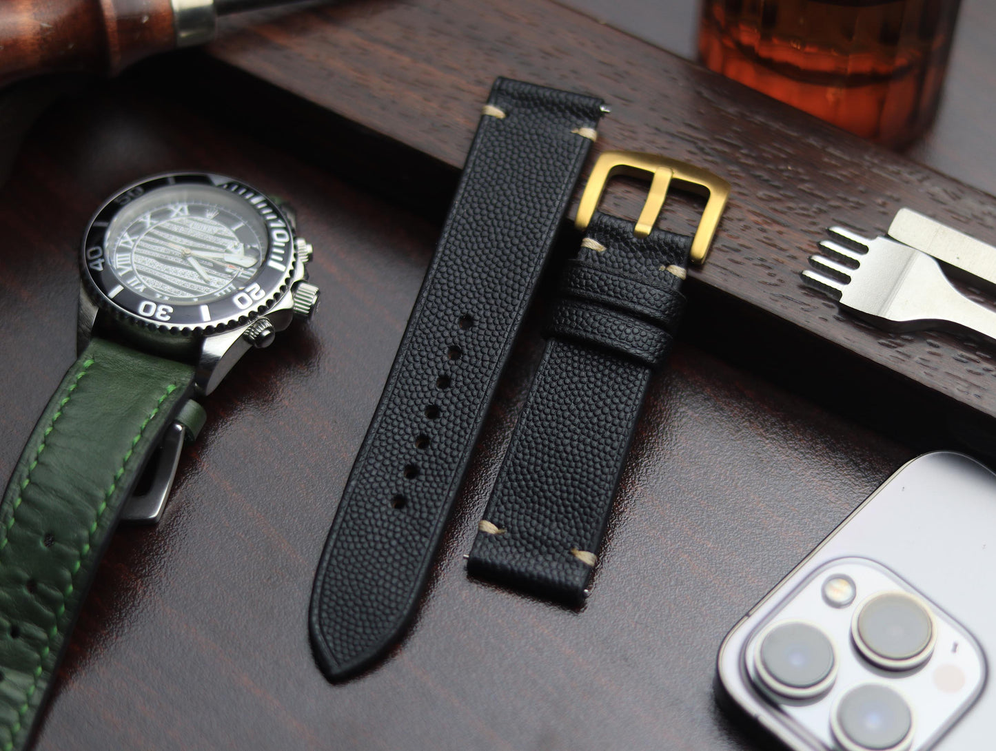 PREMIUM LEATHER STRAP SPIDER BLACK - MINIMAL STITCHED (BEIGH)