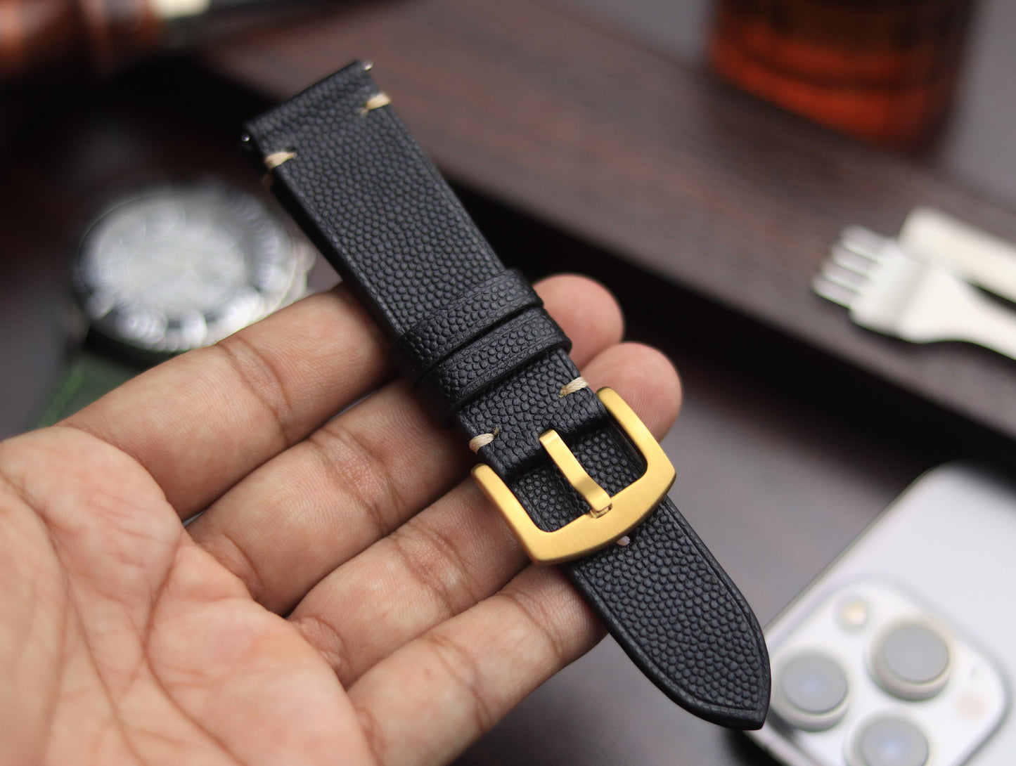 PREMIUM LEATHER STRAP SPIDER BLACK - MINIMAL STITCHED (BEIGH)
