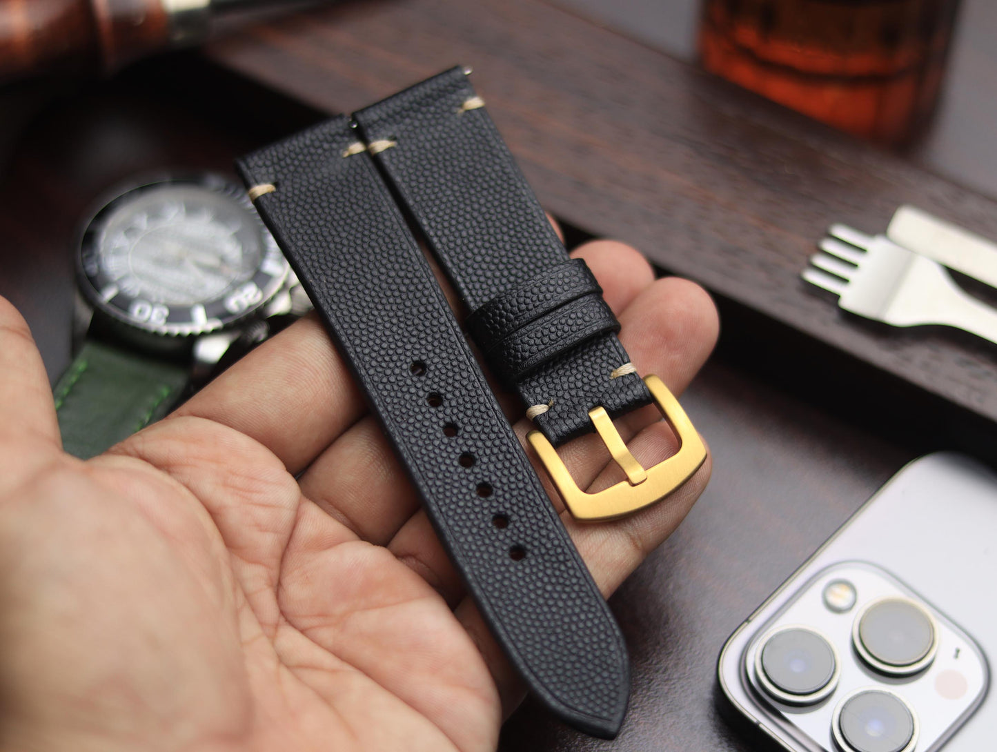 PREMIUM LEATHER STRAP SPIDER BLACK - MINIMAL STITCHED (BEIGH)