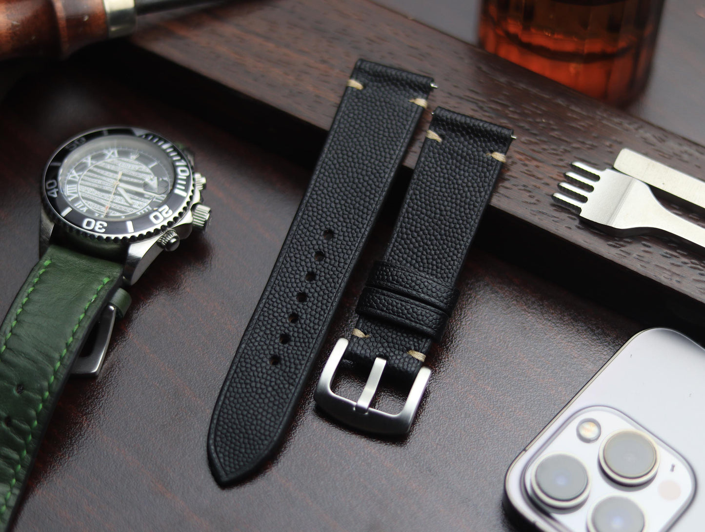 PREMIUM LEATHER STRAP SPIDER BLACK - MINIMAL STITCHED (BEIGH)