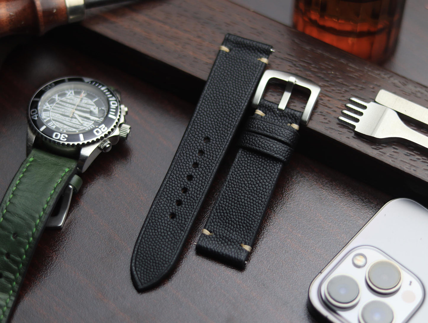 PREMIUM LEATHER STRAP SPIDER BLACK - MINIMAL STITCHED (BEIGH)