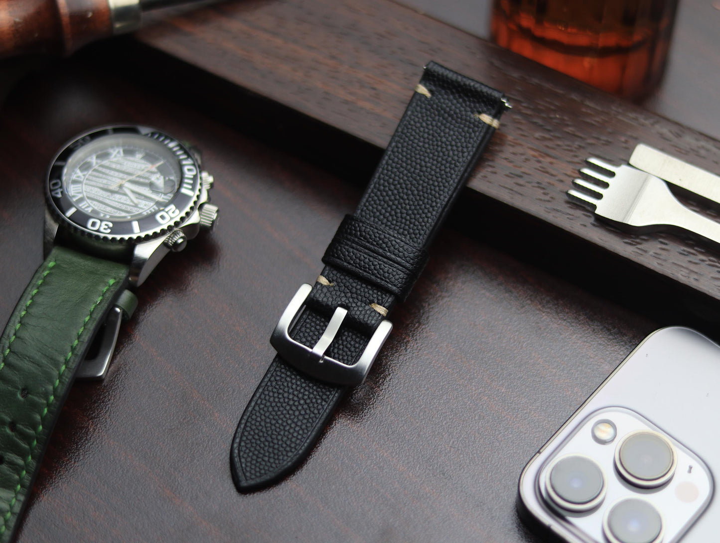 PREMIUM LEATHER STRAP SPIDER BLACK - MINIMAL STITCHED (BEIGH)