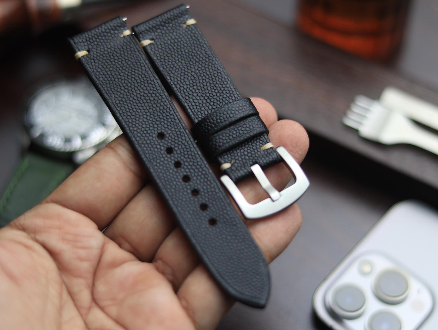 PREMIUM LEATHER STRAP SPIDER BLACK - MINIMAL STITCHED (BEIGH)