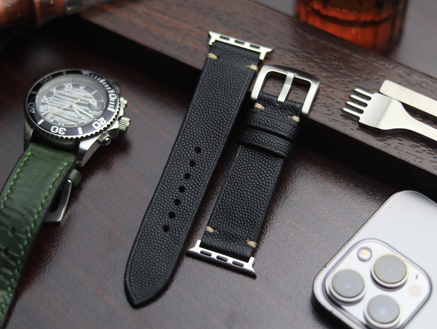 PREMIUM LEATHER STRAP SPIDER BLACK - MINIMAL STITCHED (BEIGH)