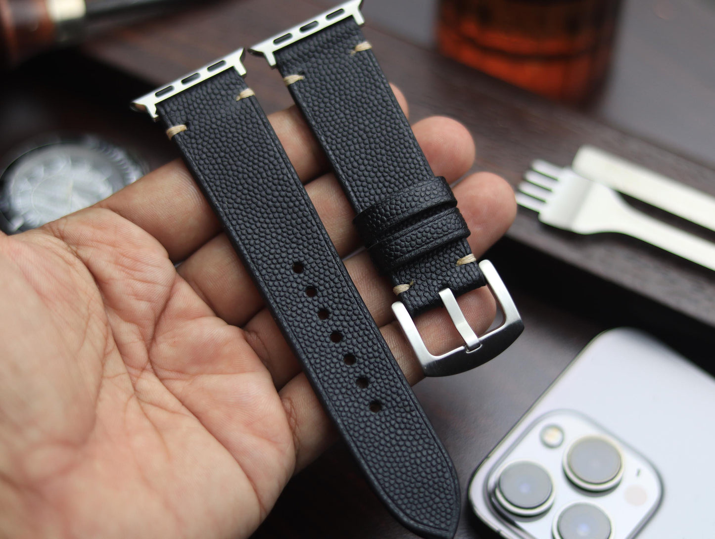 PREMIUM LEATHER STRAP SPIDER BLACK - MINIMAL STITCHED (BEIGH)