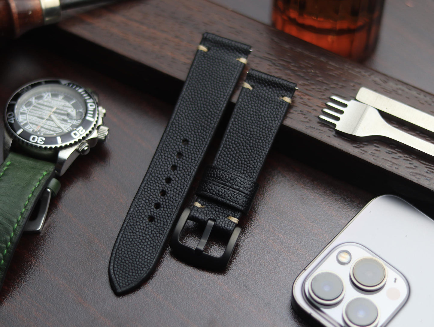 PREMIUM LEATHER STRAP SPIDER BLACK - MINIMAL STITCHED (BEIGH)