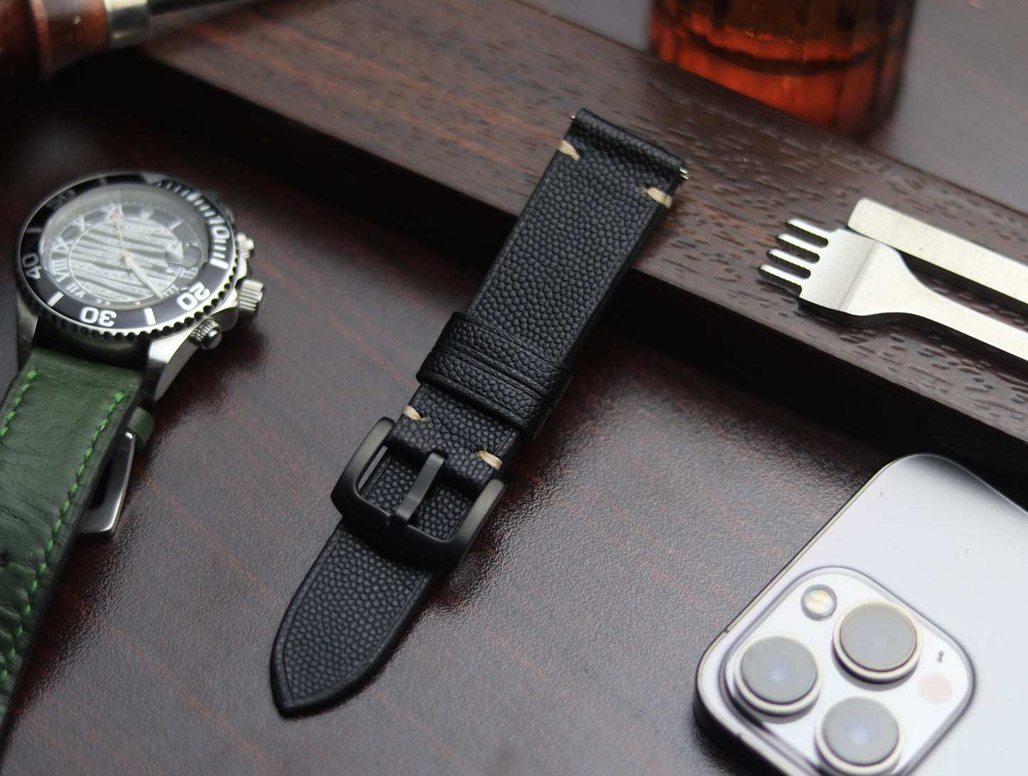 PREMIUM LEATHER STRAP SPIDER BLACK - MINIMAL STITCHED (BEIGH)