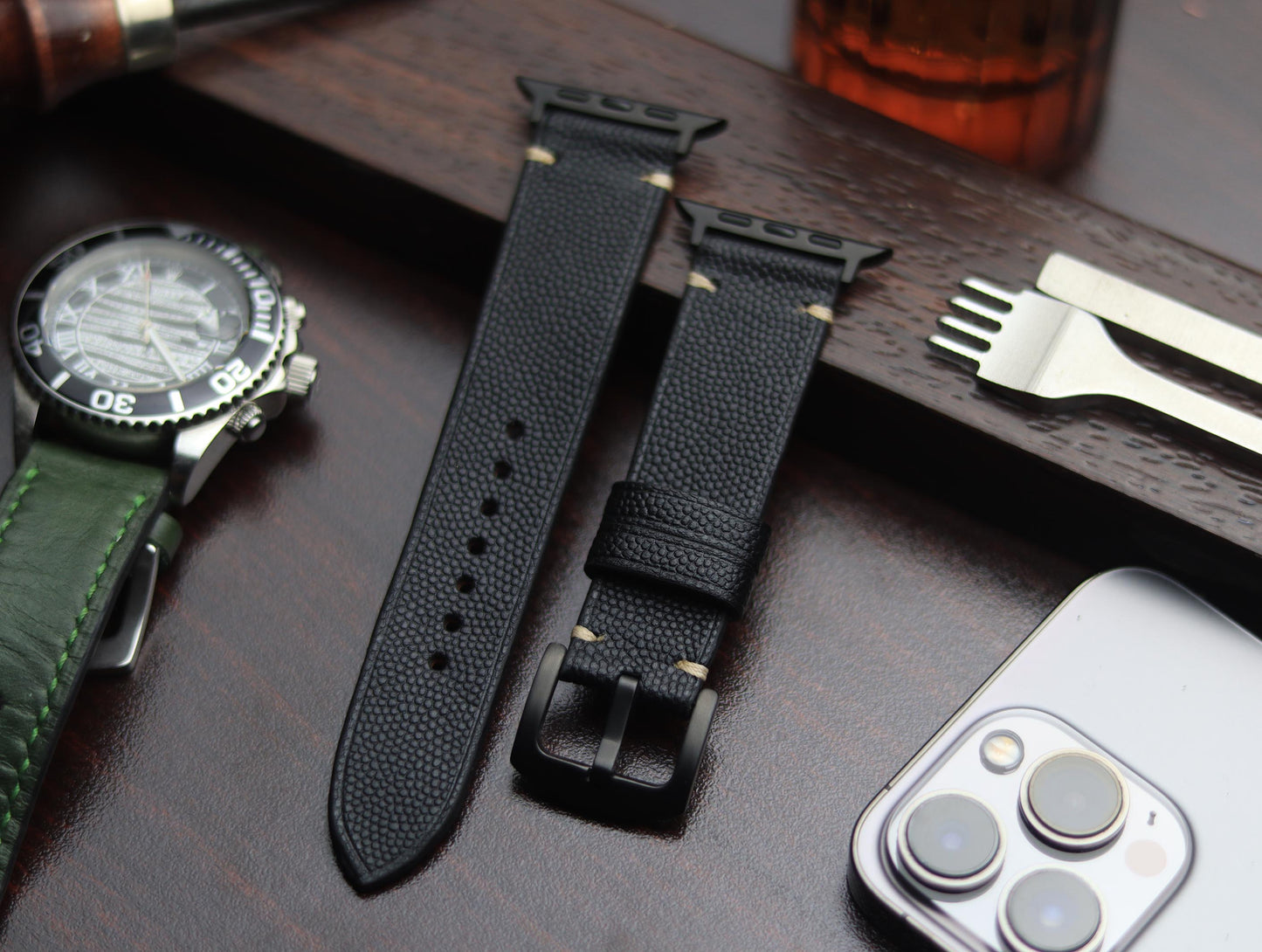 PREMIUM LEATHER STRAP SPIDER BLACK - MINIMAL STITCHED (BEIGH)