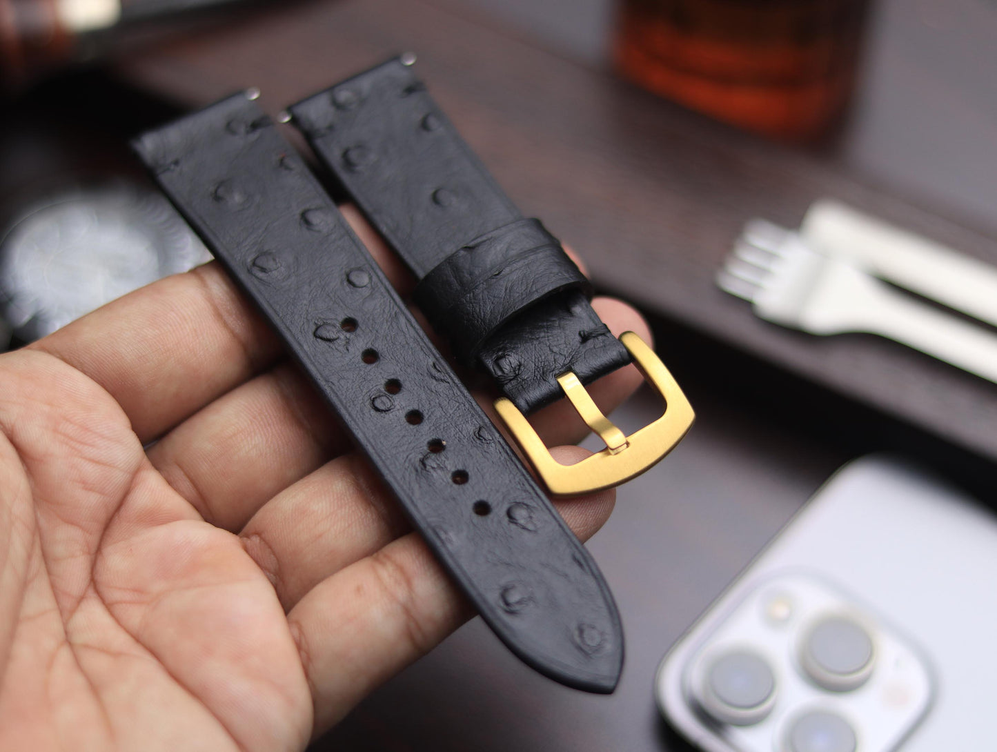 PREMIUM LEATHER STRAP OBSIDIAN  BLACK - MINIMAL STITCHED (BLACK)