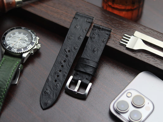 PREMIUM LEATHER STRAP OBSIDIAN  BLACK - MINIMAL STITCHED (BLACK)