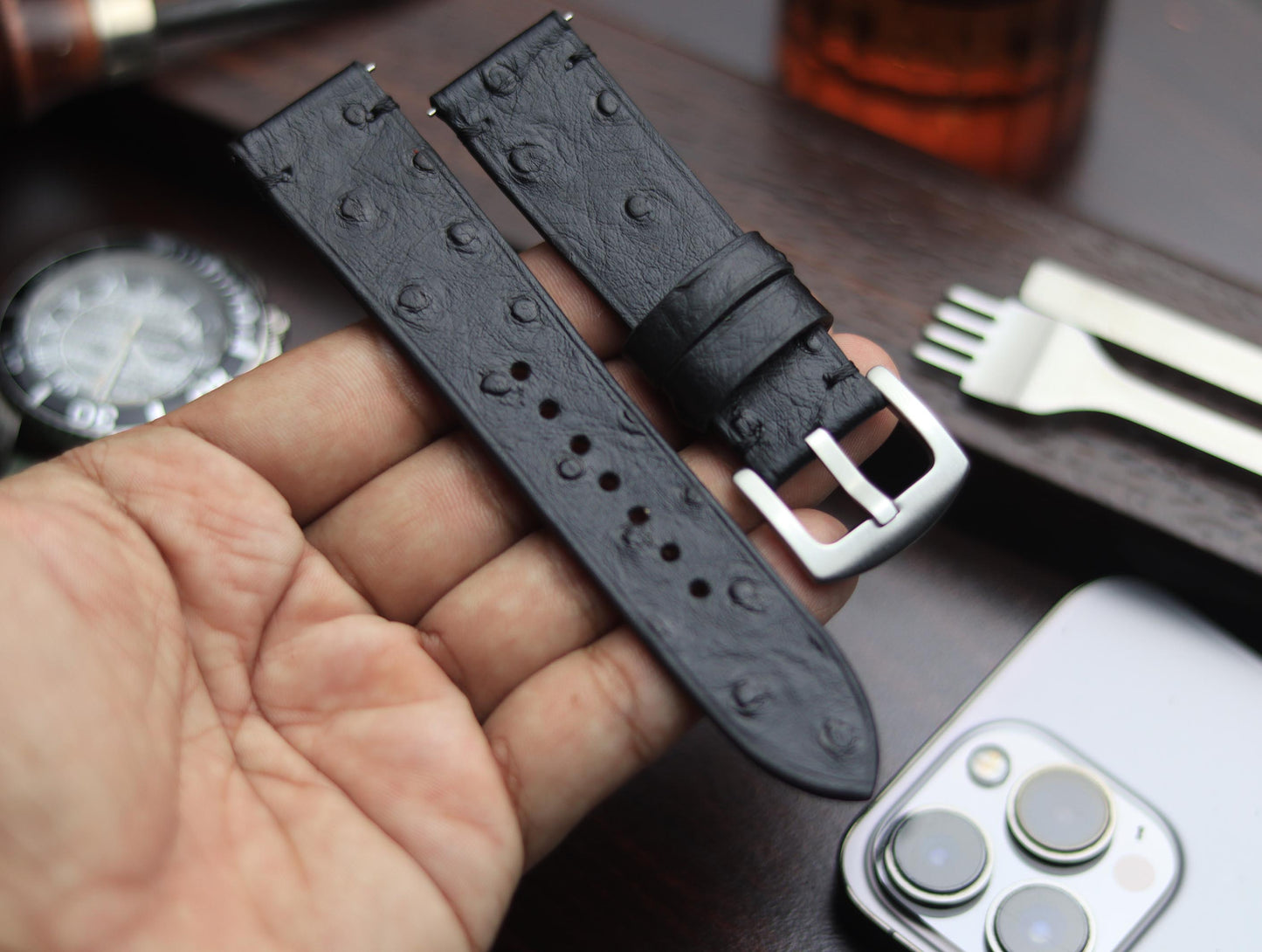 PREMIUM LEATHER STRAP OBSIDIAN  BLACK - MINIMAL STITCHED (BLACK)