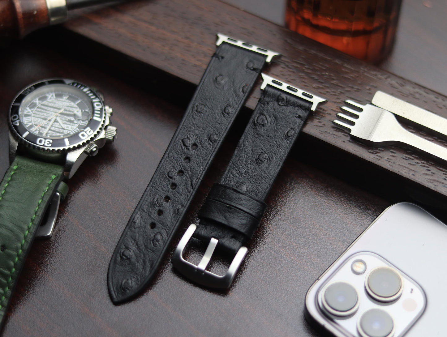PREMIUM LEATHER STRAP OBSIDIAN  BLACK - MINIMAL STITCHED (BLACK)