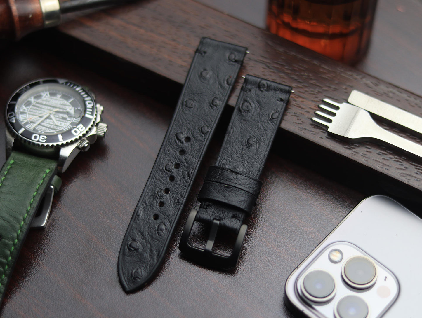 PREMIUM LEATHER STRAP OBSIDIAN  BLACK - MINIMAL STITCHED (BLACK)