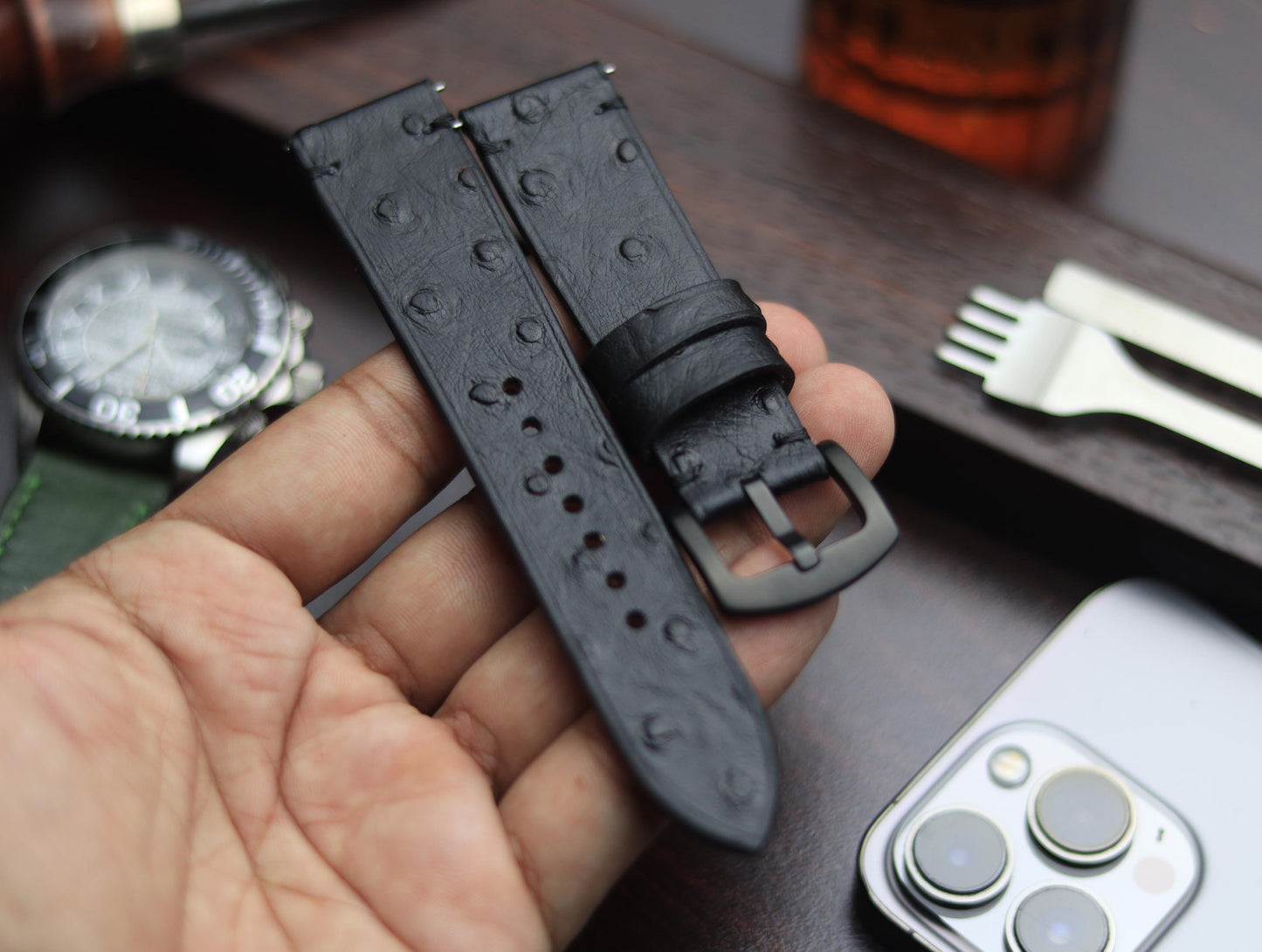 PREMIUM LEATHER STRAP OBSIDIAN  BLACK - MINIMAL STITCHED (BLACK)