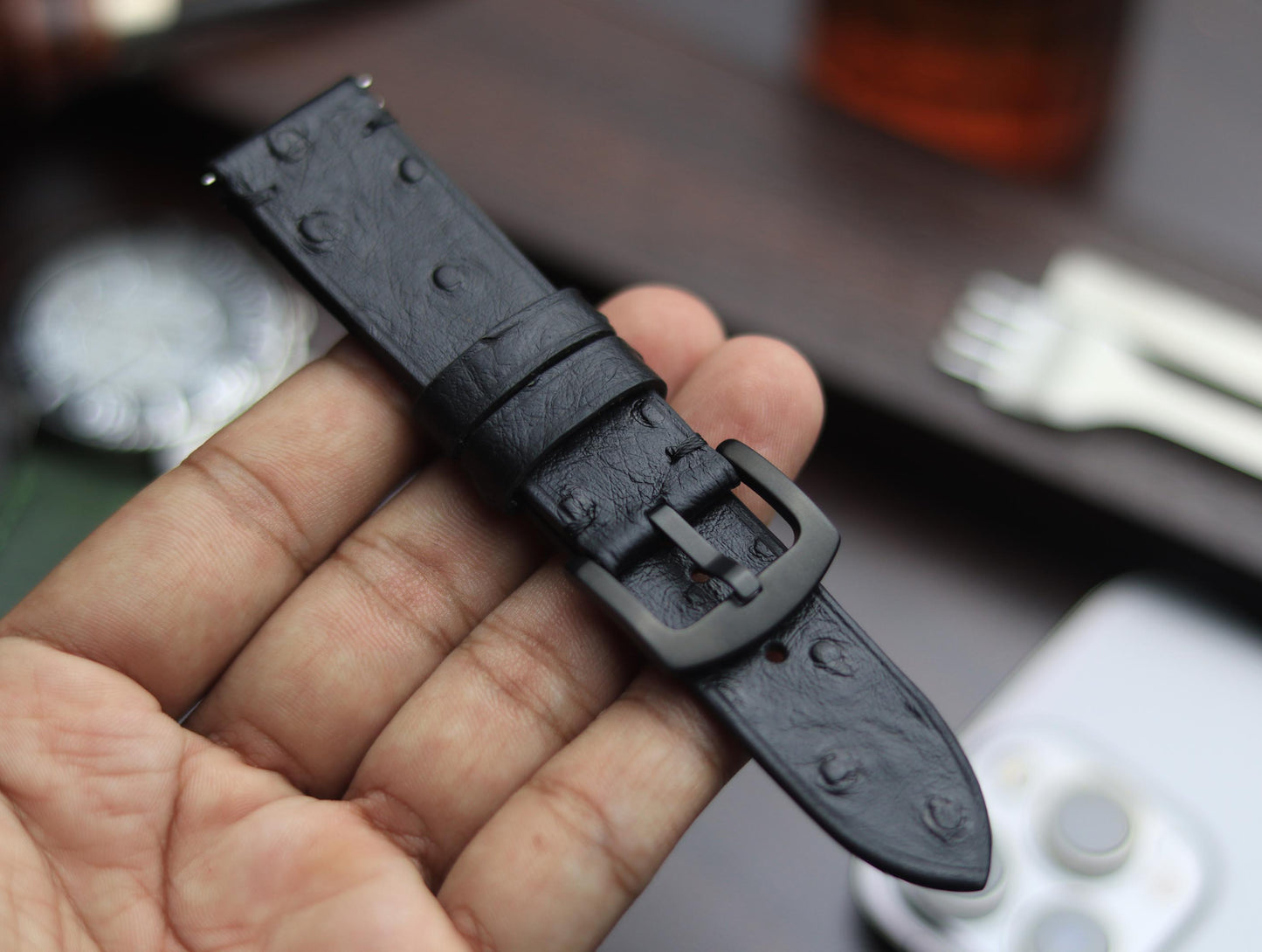 PREMIUM LEATHER STRAP OBSIDIAN  BLACK - MINIMAL STITCHED (BLACK)
