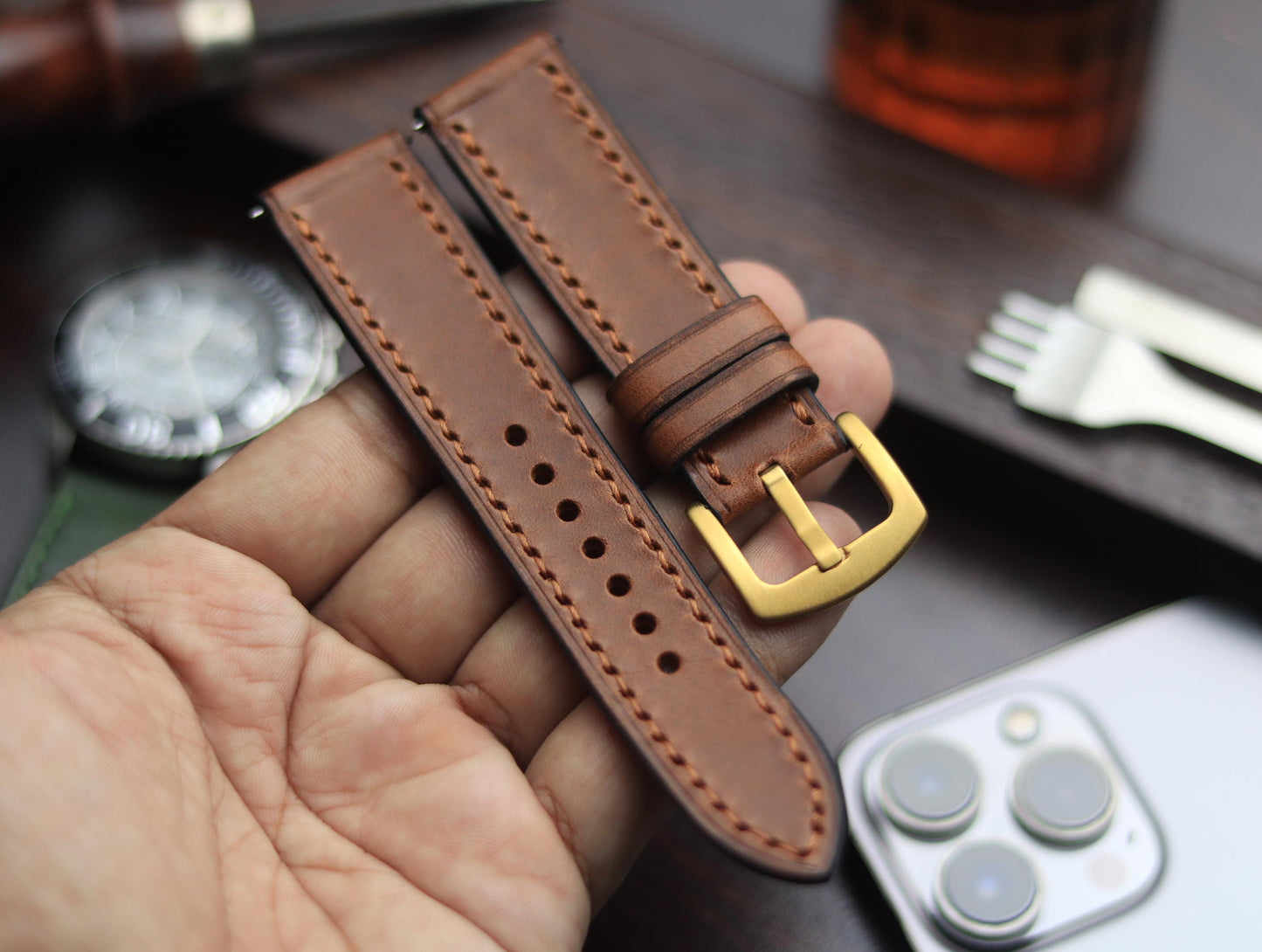 PREMIUM LEATHER STRAP SEPIA BROWN-FULL STITCHED (BROWN)