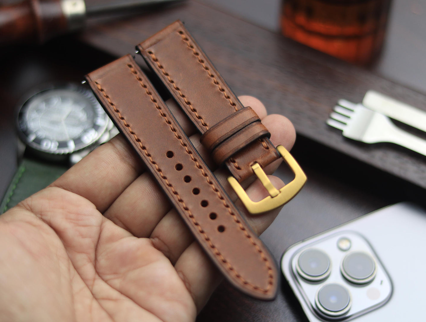 PREMIUM LEATHER STRAP SEPIA BROWN-FULL STITCHED (BROWN)