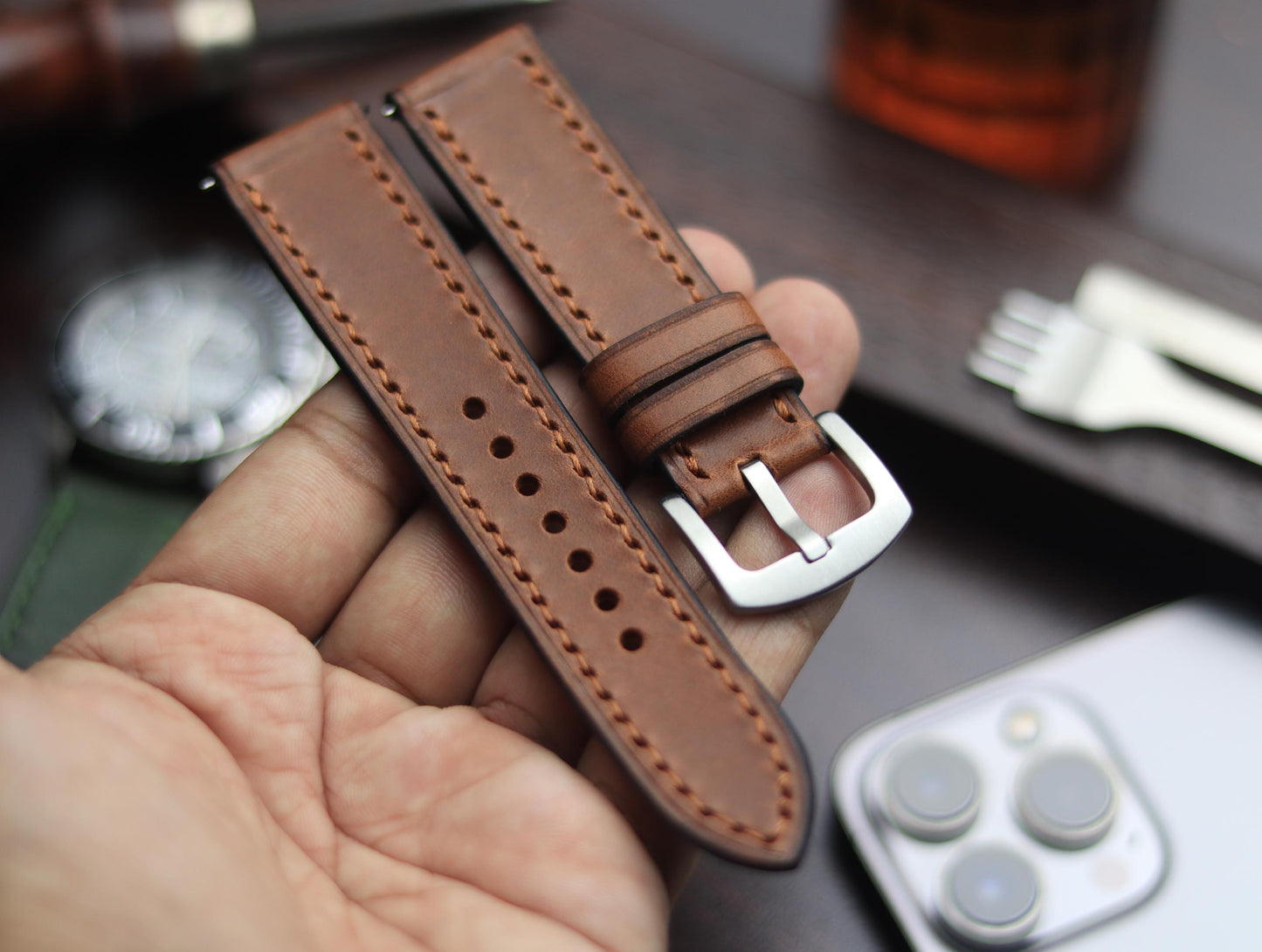 PREMIUM LEATHER STRAP SEPIA BROWN-FULL STITCHED (BROWN)