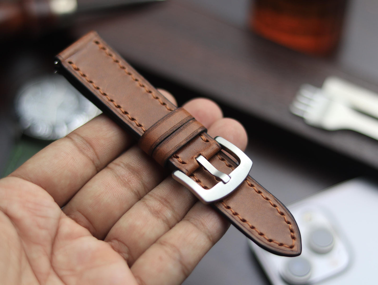 PREMIUM LEATHER STRAP SEPIA BROWN-FULL STITCHED (BROWN)