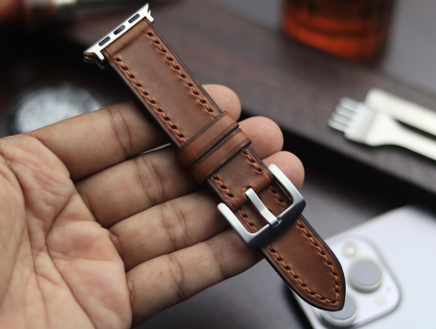 PREMIUM LEATHER STRAP SEPIA BROWN-FULL STITCHED (BROWN)