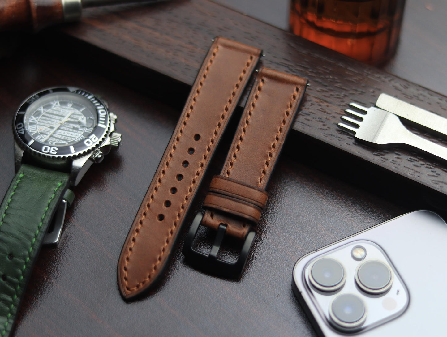 PREMIUM LEATHER STRAP SEPIA BROWN-FULL STITCHED (BROWN)